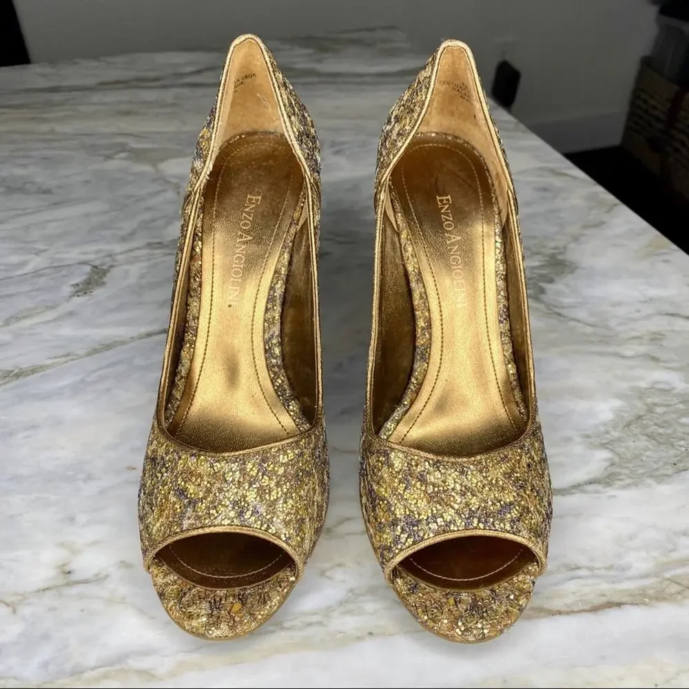 ENZO ANGIOLINI Womens Gold Glitter Peep Toe Pumps Heels Size 6